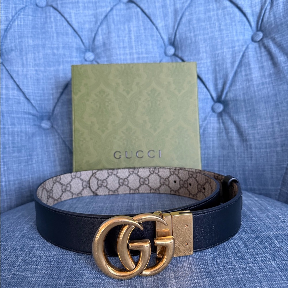 Gucci Black Leather Belt with Gold Double G Buckle and GG Canvas Interior